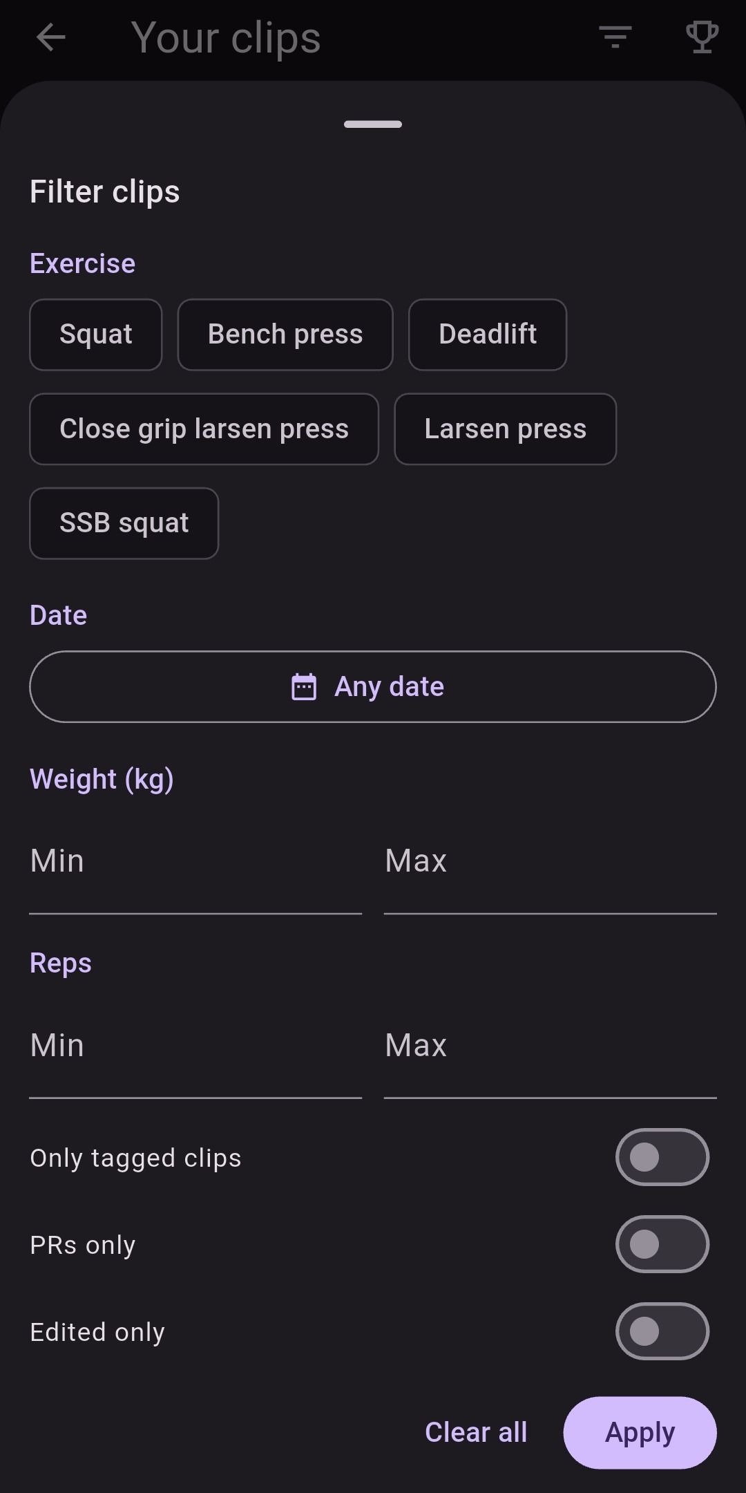 Lift Recorder’s filter sheet, with exercise chips, a date range, minimum and maximum weight and reps, and switches for tagged clips, PRs and edited clips