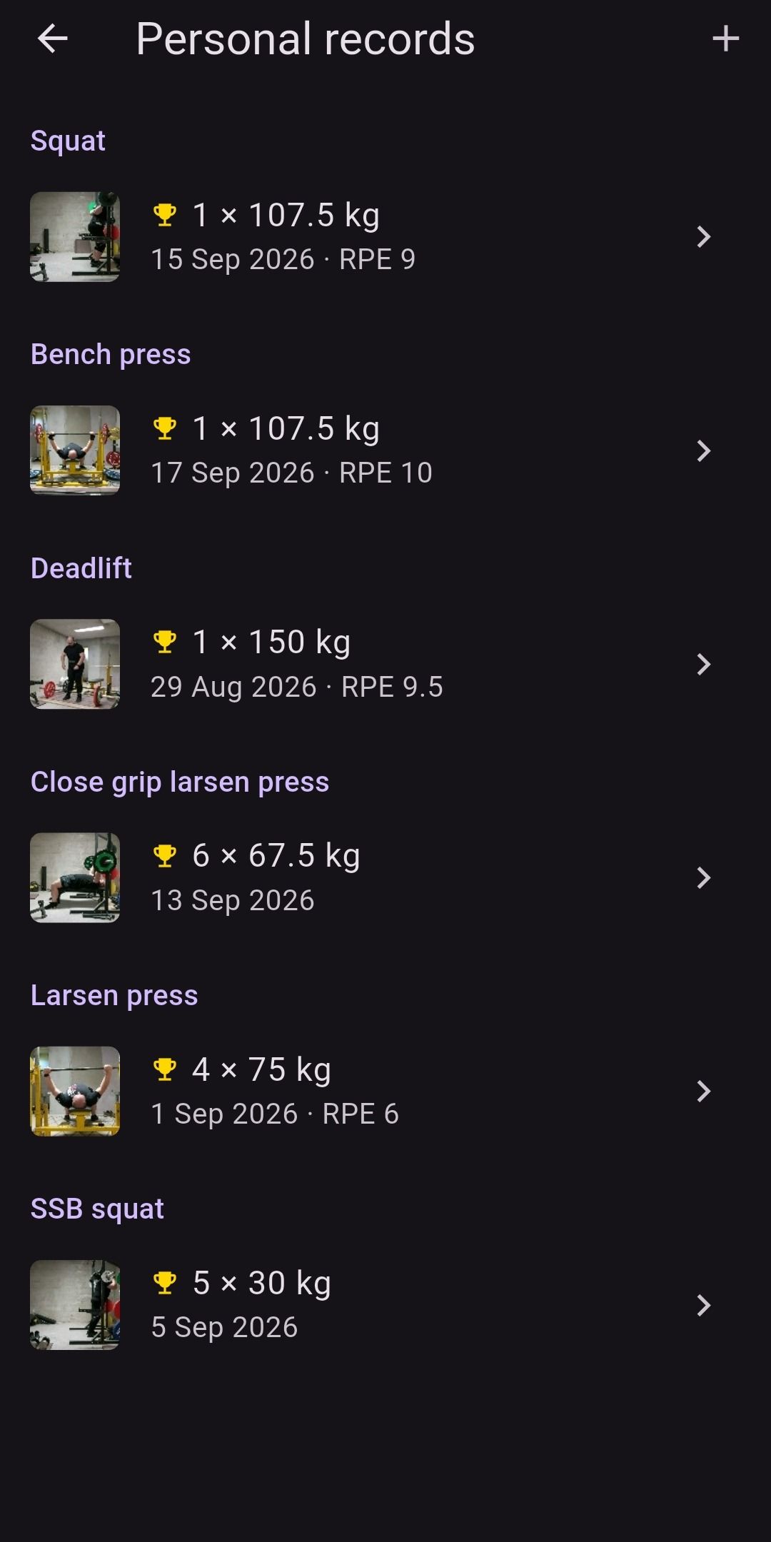 Lift Recorder’s Personal records screen, with records for squat, bench press, deadlift and custom exercises, each with its date and a thumbnail of the lift