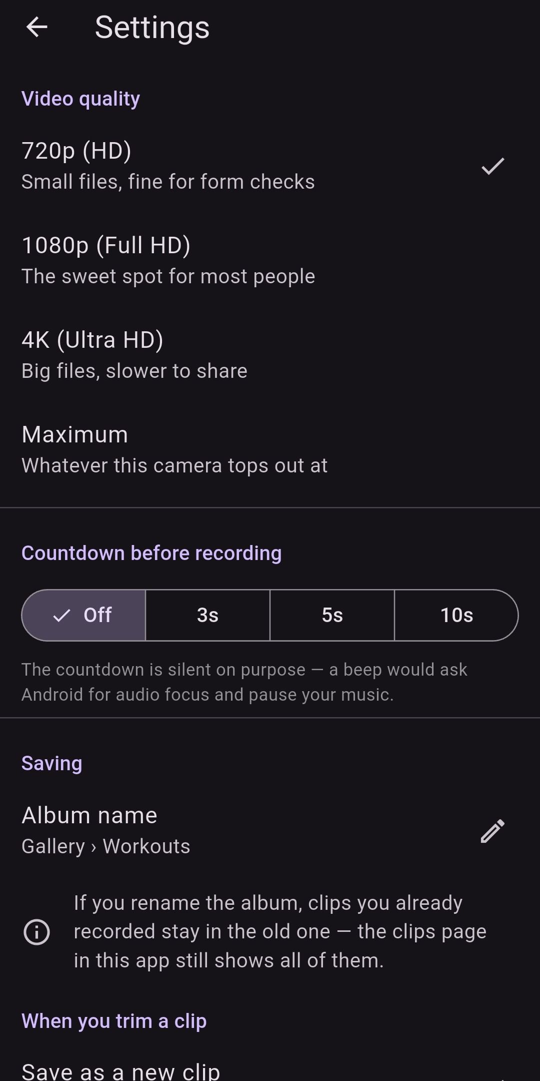 Lift Recorder’s settings for video quality from 720p to maximum, a silent countdown and the gallery album clips are saved to